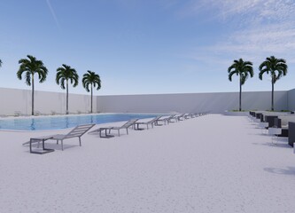 simple concrete pool palm tree sunbed side table 3d - 32345