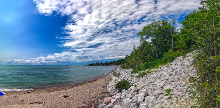 Panoramic view of the beach at Bayfield on Lake Huron, with beautiful cloudscape, Bayfield, Huron County, ON, Canada
