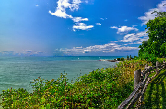 Panoramic view of the wide open skies and teal blue waters of Lake Huron near the port of Bayfield, Huron County, ON, Canada