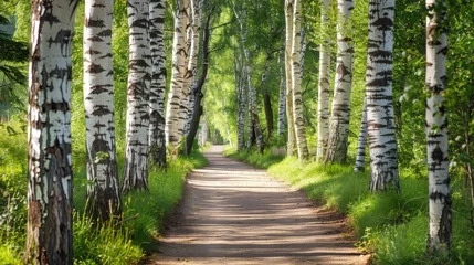 Foto op Plexiglas Summer Experience in a Birch Tree Lined Path Embracing Wellness Harmony and Freedom through Nature Enjoyment with an Environmental Preservation Message © 2rogan