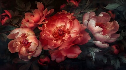 Obraz premium red peony botanic flowers on dark green background