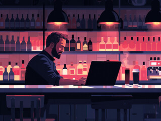 Man working on laptop at a bar counter with dim lighting and shelves of bottles in the background - obrazy, fototapety, plakaty