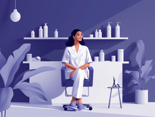 An illustration of a woman in a lab coat sitting on a stool in a modern laboratory setup with shelves of products.