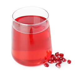 Refreshing pomegranate juice in glass and seeds isolated on white