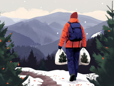 Illustration of a person carrying two plastic bags walking through a snowy forest with mountains in the backdrop.