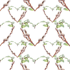 Seamless pattern with watercolor heart wreath made of twigs willow and green leaves on white background. Hand-drawn art for spring Easter decor with copy space. Bouquet for wallpaper or wrapping