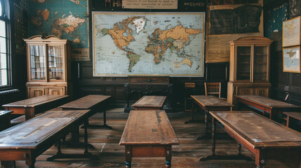 A view of an empty classroom with wooden desks and chairs, and a whiteboard displaying a map of the world.