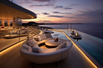 A Modern Luxury Yacht Deck at Sunset, Featuring a Plush Lounge Area, Sparkling Infinity Pool, and Panoramic Ocean Views - obrazy, fototapety, plakaty