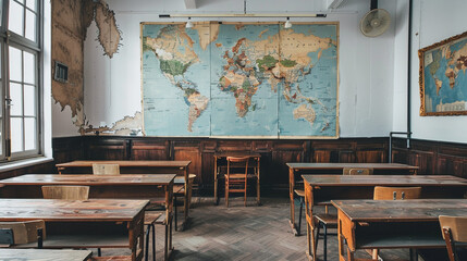 A view of an empty classroom with wooden desks and chairs, and a whiteboard displaying a map of the...