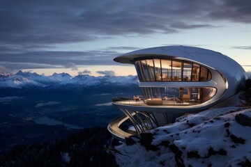 A Majestic Mountain Observatory with a Modern Lounge Overlooking a Breathtaking Panorama of Snow-Capped Peaks at Sunset