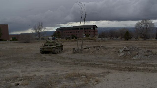 Wide drone shot of Panzer 2 Luchs driving through dirt