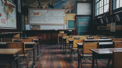 A view of an empty classroom with wooden desks and chairs, and a whiteboard displaying a historical...