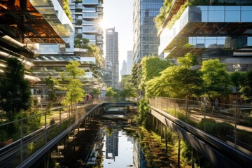A Vibrant Urban Orchard Nestled Between Soaring Skyscrapers, Reflecting the Harmony of Nature and Modern Architecture - obrazy, fototapety, plakaty