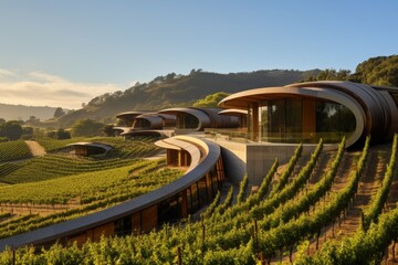A charming hillside vineyard tasting room overlooking lush grapevines under a clear blue sky - obrazy, fototapety, plakaty