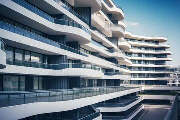 A Unique Periscopic View of a Modern Apartment Block Capturing the Intricate Architectural Details and Urban Landscape - obrazy, fototapety, plakaty
