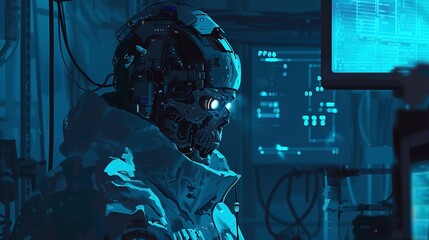 Cybernetic human with glowing eyes in lab, over-the-shoulder view, dimly lit, cold blue hues.