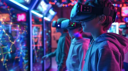 Virtual reality arcade, wide angle, vibrant colors, kids playing with holographic games. 