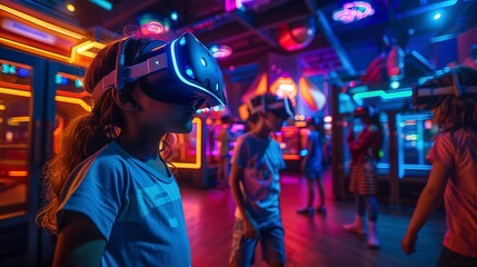 Fototapeta na wymiar Virtual reality arcade, wide angle, vibrant colors, kids playing with holographic games. 