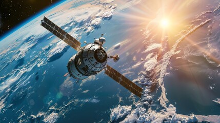 Space station orbiting Earth, view from space, soft sunlight, high detail, realistic style. 
