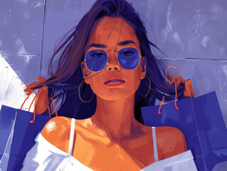 Colorful illustration of a woman with blue sunglasses lying down.
