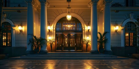 Historical museum at night, grand entrance illuminated, elegant, frontal view, welcoming glow.