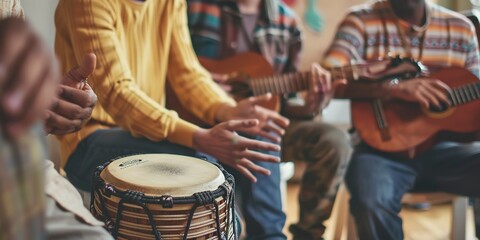 Community music class, diverse group, instruments in hand, circle formation, soft side lighting.  - obrazy, fototapety, plakaty