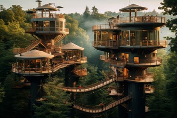 Aerial View of a Forest Adventure Park with Tree Houses, Zip Lines, and Wooden Bridges Nestled Amongst Lush Greenery - obrazy, fototapety, plakaty