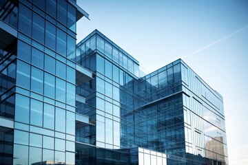 Modern Steel-Supported Building with Large Glass Insets Reflecting the Surrounding Cityscape Under a Clear Blue Sky