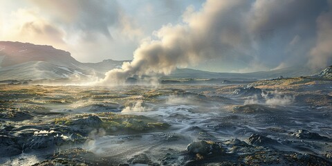 Geothermal energy plant in volcanic area, steam vents, rugged terrain, early morning light.