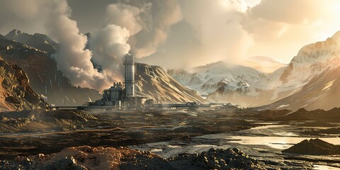 Geothermal energy plant in volcanic area, steam vents, rugged terrain, early morning light. - obrazy, fototapety, plakaty