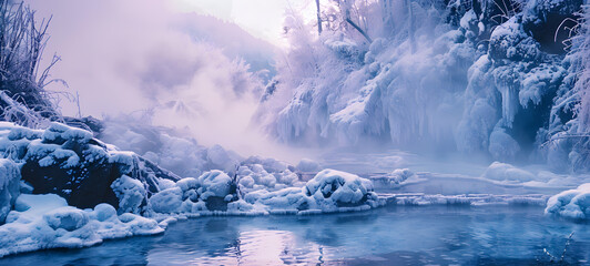 Icy wilderness with steamy thermal springs background with.