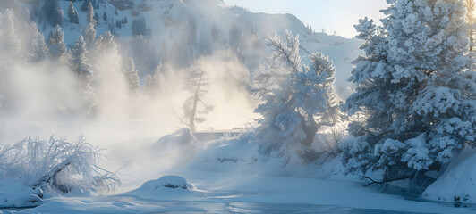 Snow covered trees and mist at Steamboat Geyser Steam rising from a thermal hot spring in the snow.
