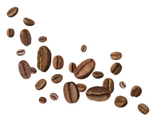Roasted coffee beans flying on white background