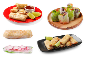 Delicious spring rolls isolated on white, set