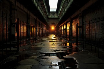 A hauntingly realistic depiction of a deserted prison cellblock at dusk, with the setting sun casting long shadows and an eerie silence prevailing - obrazy, fototapety, plakaty