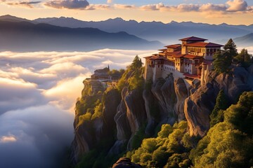 A Serene Dawn at the Ancient Mountain-Top Monastery Overlooking a Breathtaking Valley with Misty Peaks in the Distance - obrazy, fototapety, plakaty
