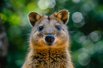 Naklejka na ściany i meble cute quokka closeup friendly australian marsupial vibrant teal background wildlife photography