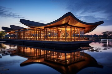 Obraz premium A Floating Restaurant on a Tranquil Lake, Illuminated by the Setting Sun, Reflecting Vibrant Colors on the Water Surface