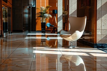 Stylish hotel interior with modern furnishings bathed in sunlight reflecting off glossy floors.