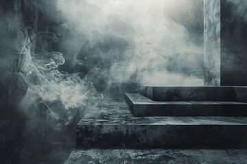 dark mysterious concrete platform with ethereal smoke abstract 3d illustration - obrazy, fototapety, plakaty