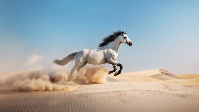 White horse in the desert, thoroughbred horse racer in motion