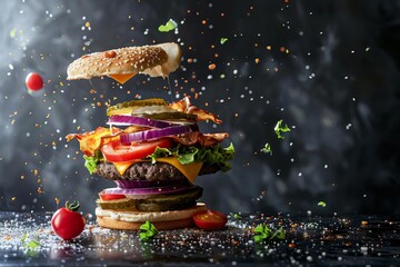 deconstructed double cheeseburger with exploding ingredients flying bun meat and vegetables creative photo - obrazy, fototapety, plakaty