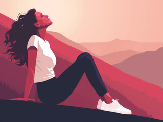 Illustration of a woman sitting on a hill, enjoying a scenic mountain view at dusk. - obrazy, fototapety, plakaty