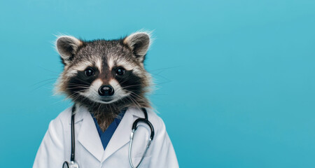 A raccoon with a clever gaze, wearing a light blue doctor's coat and stethoscope, against a teal background. - obrazy, fototapety, plakaty