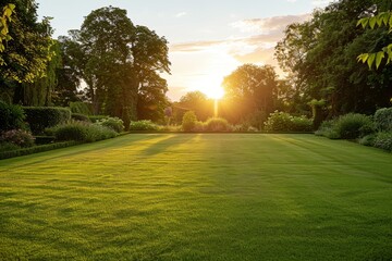 Late spring sunset over a large well kept garden with freshly cut grass and a warm light from the setting sun