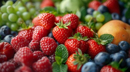 Obraz premium Strawberries, berry, fruit, red, juicy, sweet, delicious, fresh, ripe, summertime, garden, farm, vine, plant, patch, harvest, picking, field, orchard, dessert, snack, antioxidant, vitamin C, fiber