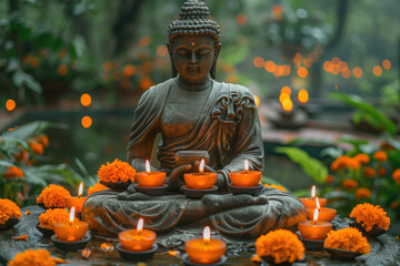 Buddha sits in lotus position for meditation, surrounded orange flowers and burning candles. Holiday Buddha's Birthday. Buddhism concept
