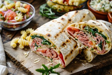 Italian wrap sandwich with macaroni salad on rustic table