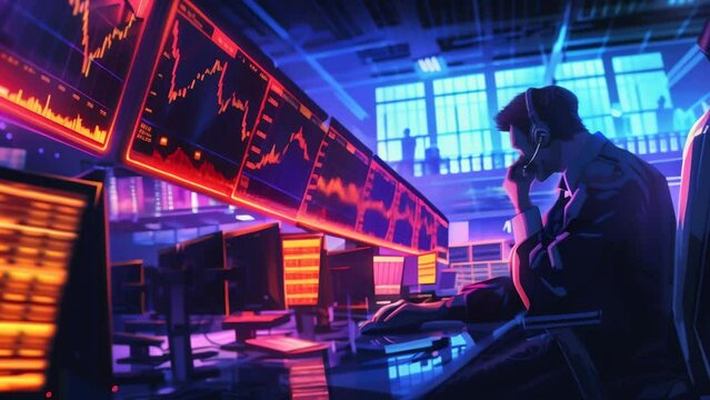 Stock market traders at a securities exchange work while looking at multiple computer monitors. 