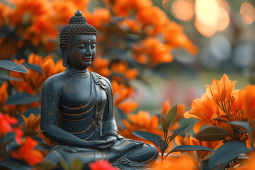 Buddha meditation against background orange flowers. Buddha's birthday. Template for design, place for text. Buddhism concept